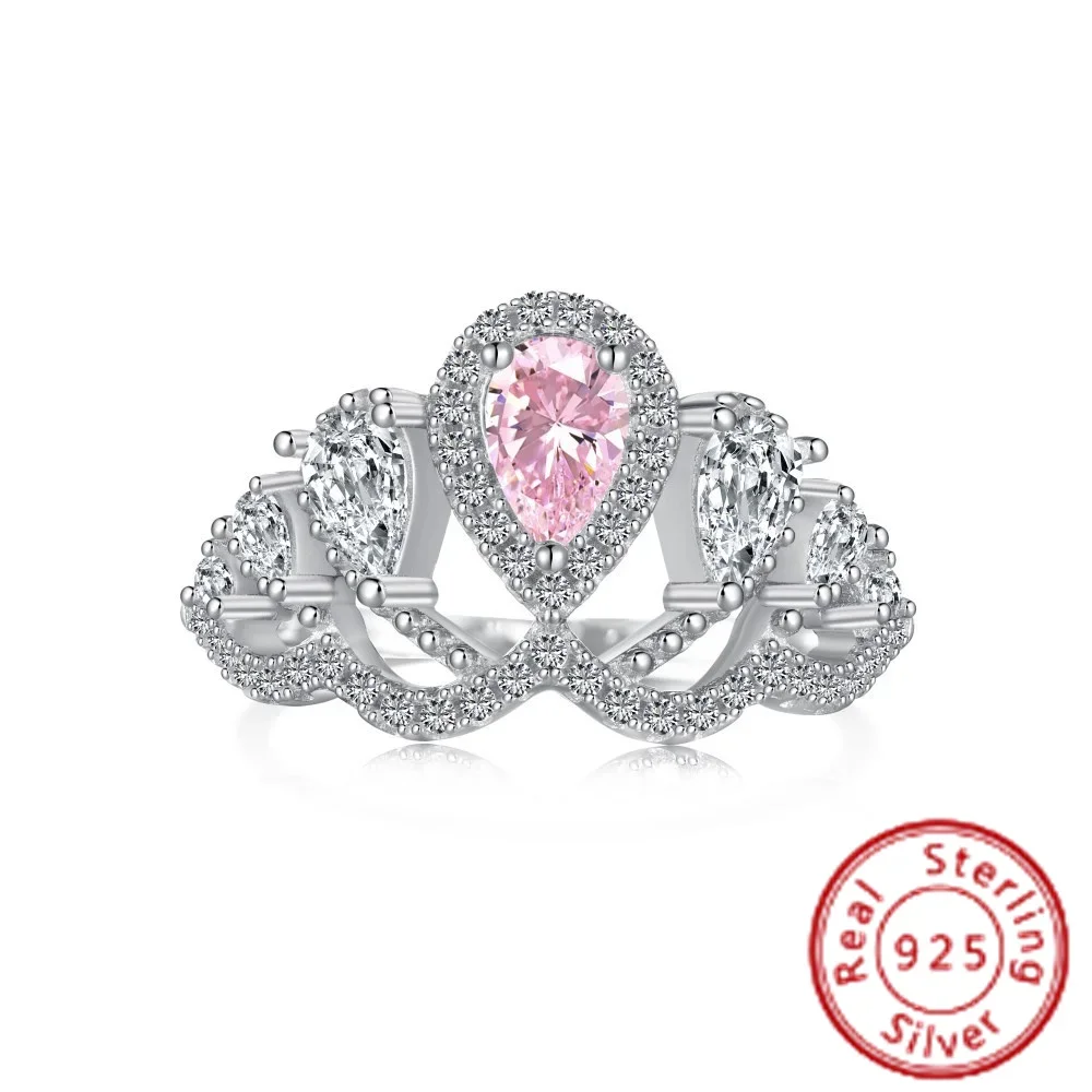 

S925 Sterling Silver Pink White Pear Shaped Water Droplet Round Zirconia Inlaid Crown Hollow High Grade Exquisite Ring Female