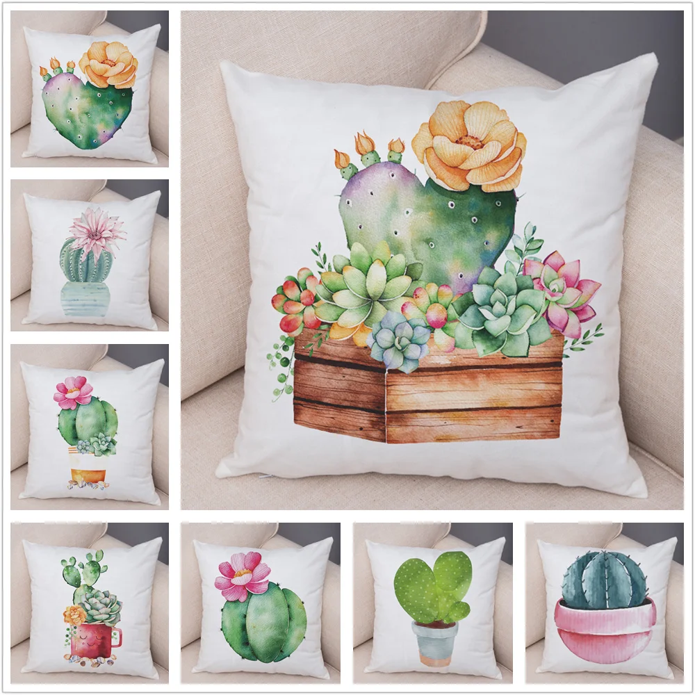 

Watercolor Cactus Pillow Case Decor Print Green Plant Cushion Cover for Sofa Home Super Soft Plush Pillowcase 45*45cm