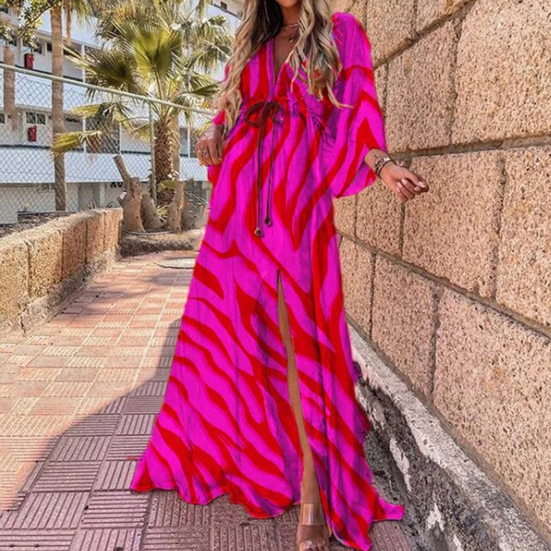 

Women Fashion Elegant Deep V Neck Printing Maxi Dress Female Elastic Waist Long Party Loose Slit Bohemian Beach Vestidos Mujer