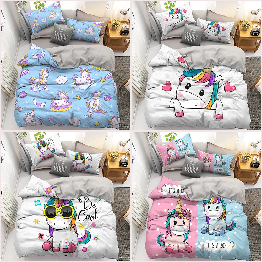 

Cartoons 3D Unicorn Printed Kids Duvet Cover Bedding Set 2/3Pcs Quilt Cover Housse De Couette Bedclothes King Comforter Cover