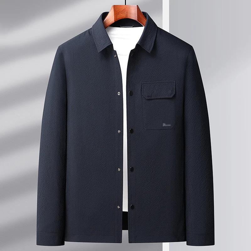 2023 Men Gray Dark Blue Green Jackets Spring Autumn Turn Collar Single-Breasted Coat Male Casual Daily Plain Colour Outerwear