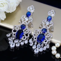 luxury african nigerian design dangling drop cubic zirconia big royal blue vintage wedding earring for brides