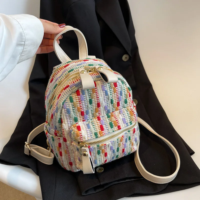 

New Fashion Trend Temperament Senior Sense of Female Ins Style Niche Design Daily Knitting Rainbow Weaving Mini Casual Backpacks