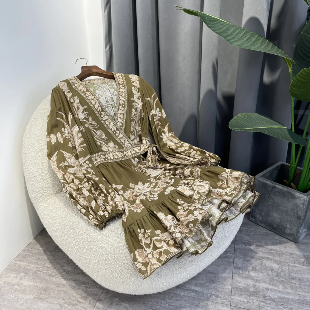 

Vintage Women 2022 Summer Autumn Top Quality Cotton Beige Baroque Flower Placement Print Army Green Mini Self Tie Wrap Dress