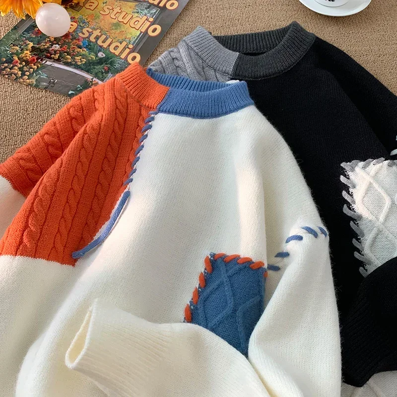 Autumn Patchwork Colour Round Neck Jumper Loose Warm Knit Sweater Lazy Wind Casual Bottoming Shirt Women Men Clothing