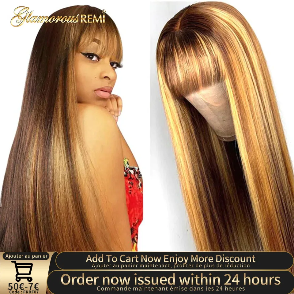 Ombre Brown Highlight Human Hair Wigs With Bangs Brazilian Remy Hair Full Machine Made Glueless Straight Hair For Black Woman