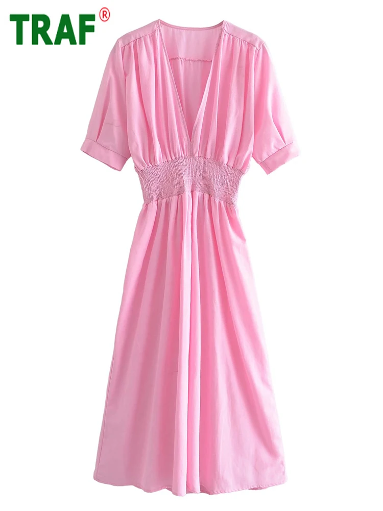 

TRAF 2022 Pink Shirt Dress Woman Blue Ruched Long Dress Women Summer Office Midi Woman Dresses Half Sleeve Pleated Female Dress
