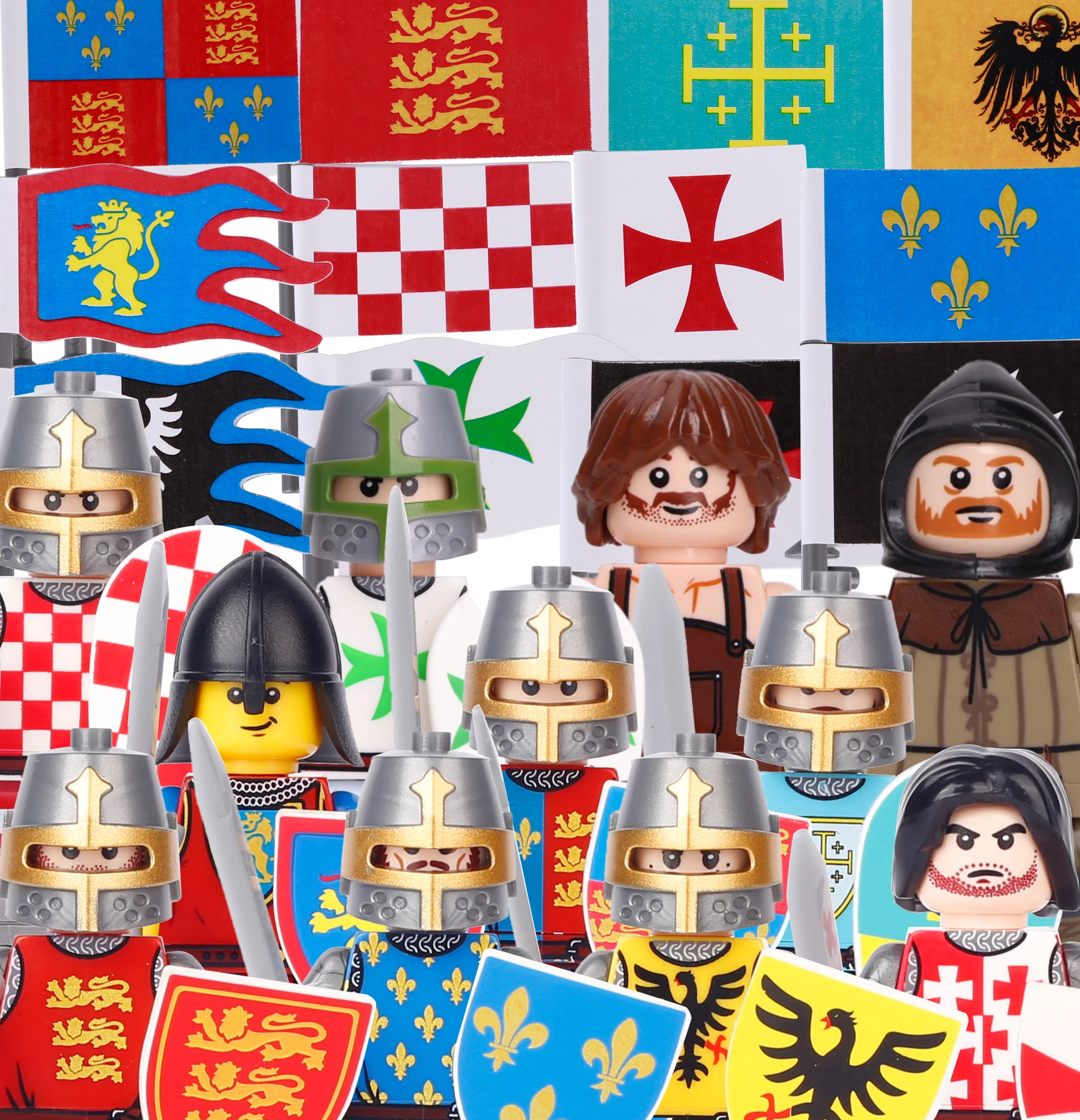 

MOC Medieval Military Castle Knights Soldiers Building Blocks Middle Age War Scene Rome Army Shield Helmet Weapons Bricks Toys