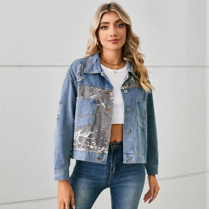 Женская джинсовая куртка с длинным рукавом и леопардовым принтом Осень-зима 2024