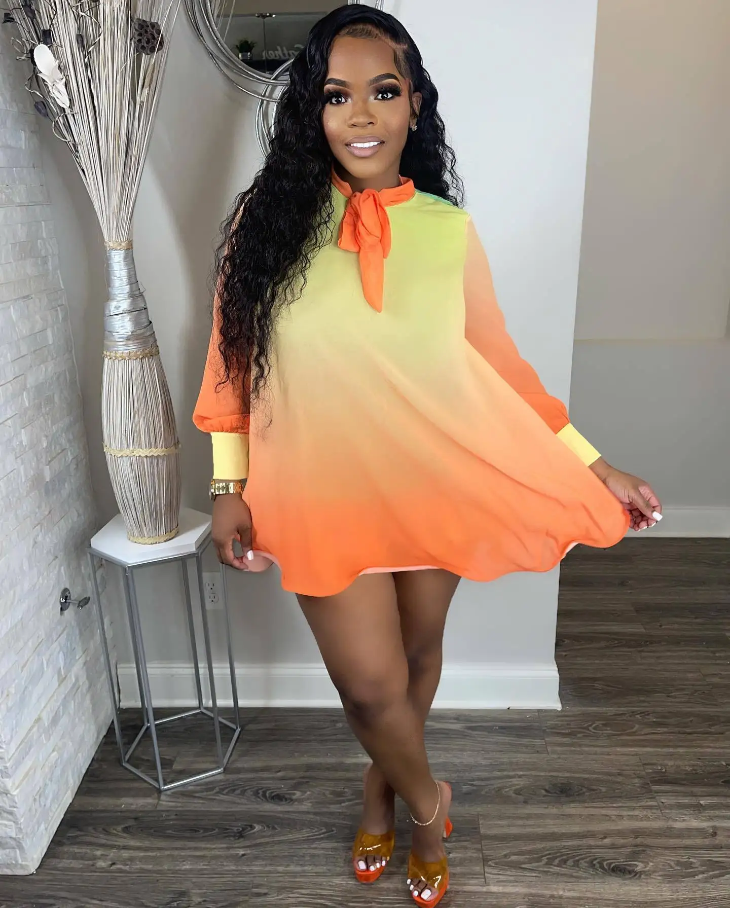 

Summer Gradient Print Mini Dress Women Fashion Plus Size Round Neck Lace-up Long Sleeve Loose Gradient Dress Women