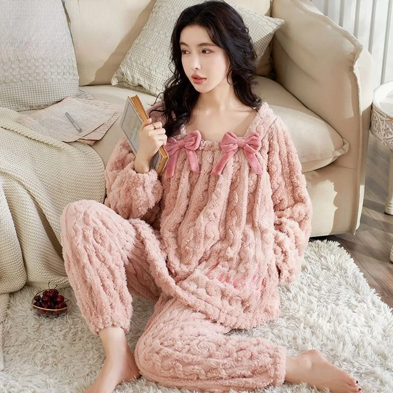 Одежда для сна Famale из кораллового бархата женские осенне-зимние толстые домашние