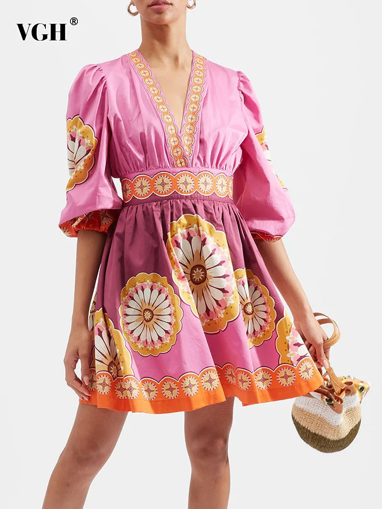 

VGH Hit Color Printing Dresses For Women V Neck Puff Sleeve Gatheres Waist A Line Folds Mini Dress Female Fashion Clothing New