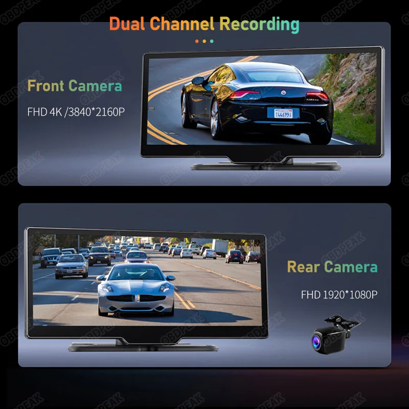 OBDPEAK K2 видеорегистратор 4K WIFI беспроводной Carplay и Android авто с двойным объективом Aux