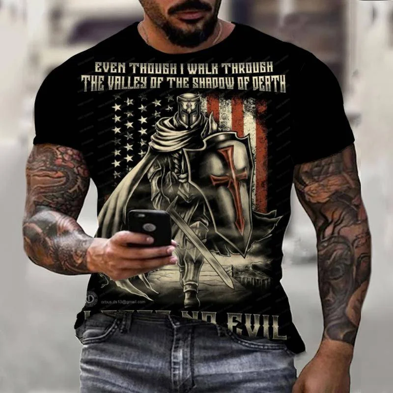 

New Men T-Shirt Fashion Cross Templar General Print Street Harajuku Short Sleeve O-Neck Loose Men Top Oversized