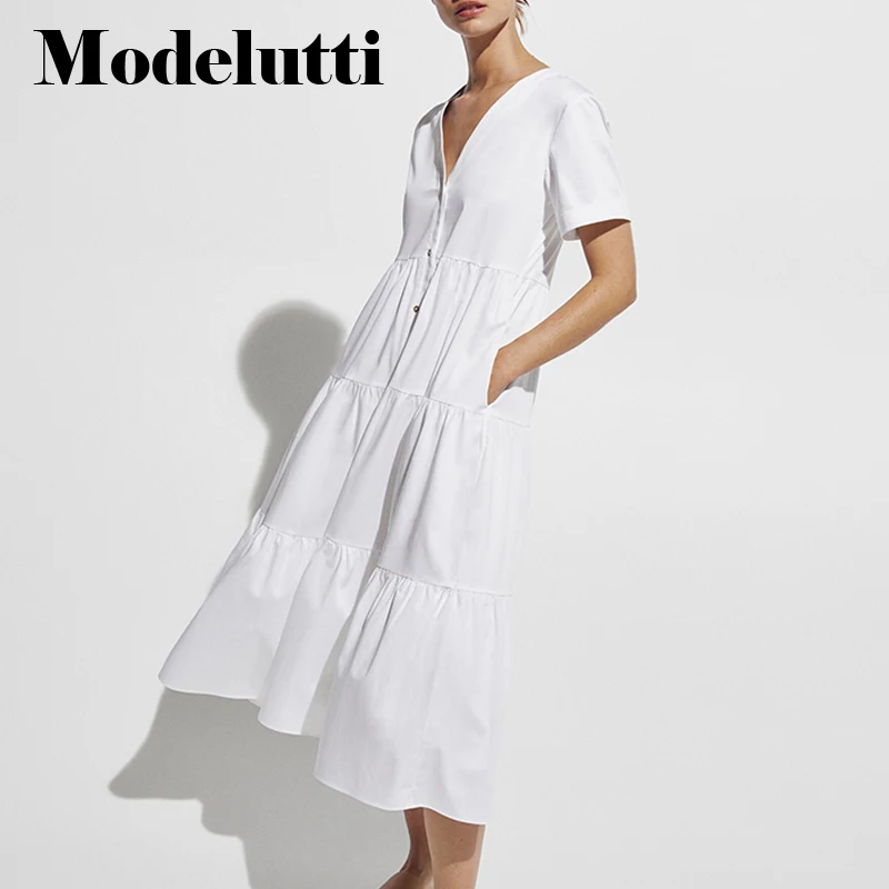 

Modelutti 2022 New Spring Summer Fashion Poplin Short Sleeve V-Neck White Long Dress Women Solid Color Simple Casual Female Robe