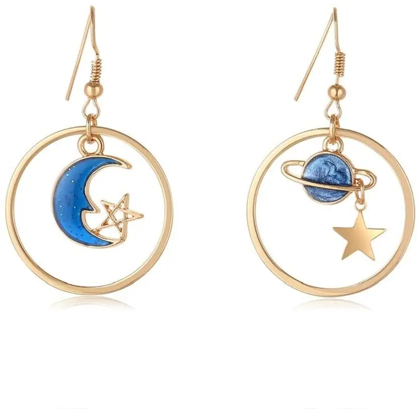 

Enamel Moon Star Earth Planet Drop Hook Earrings for Women Long Pendant Dangle Jewelry for Girls