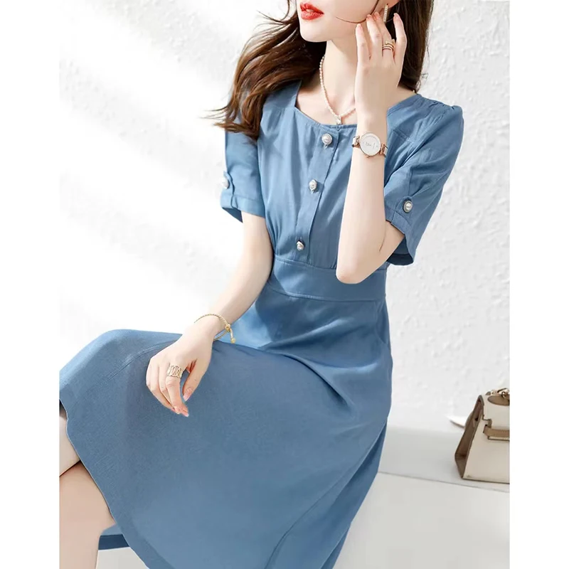 

Denim Solid Women's Dresses Summer Short Sleeve Retro Loose O-Neck Casual High Waist Dress Female Clothing A-LINE Bohemian