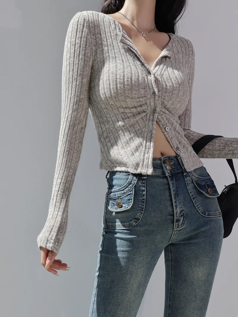 Женская Осенняя трикотажная рубашка с длинным рукавом и откидным воротником