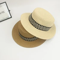 summer beach straw hat women plaid parent child outdoor flat top casual female panama sun cap girls sombreros de mujer