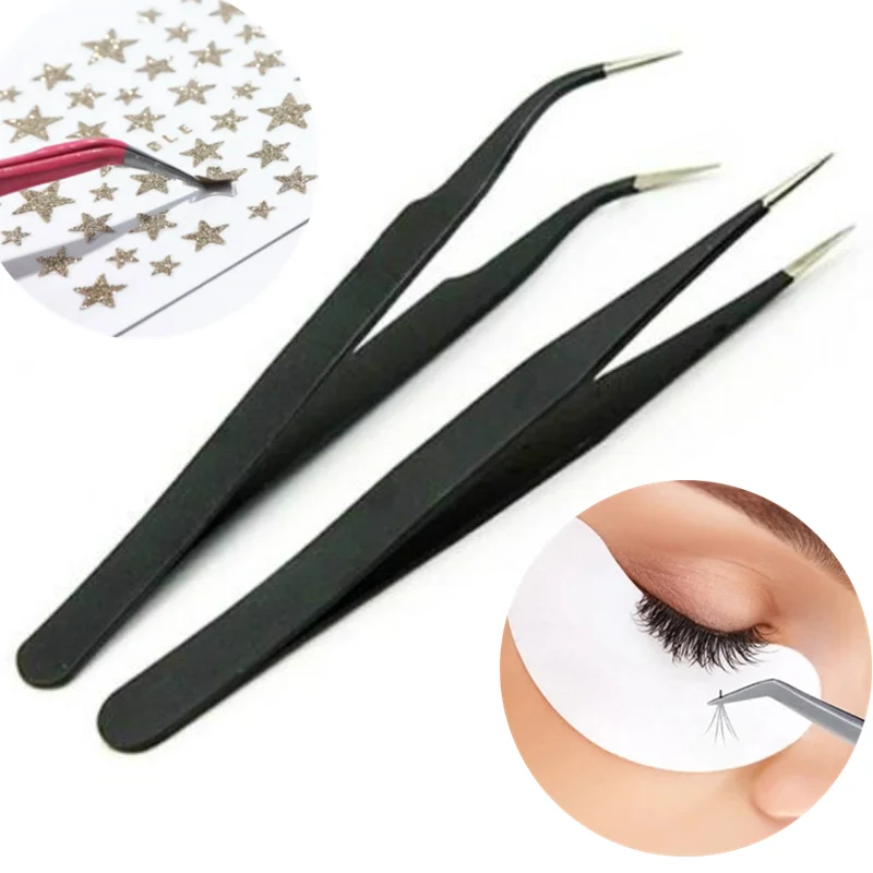 

1/2Pcs Stainless Steel Curved Straight Black Tweezer Nail Art Rhinestones Eyelash DIY Nipper Picking Tool Sequins Beads