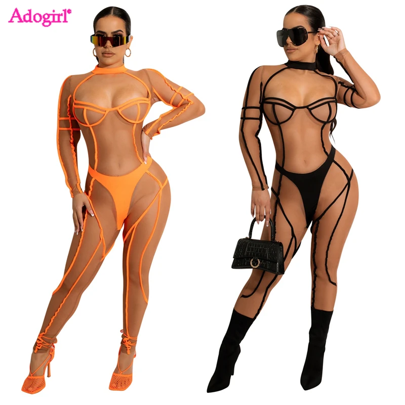 

Adogirl Patchwork Sheer Mesh Jumpsuit Women Sexy See Through Long Sleeve Skinny Night Club Overalls Fashion Summer Clothing