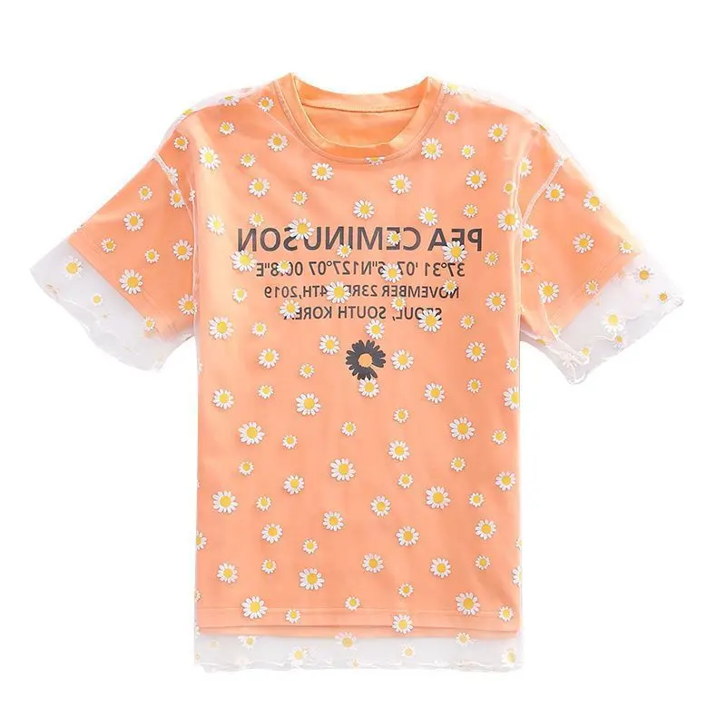 

Girls Dress New 2022 Summer Thin Gauze Chrysanthemum Pattern Letter Tops Children 4-10Year Dots Kids Clothes