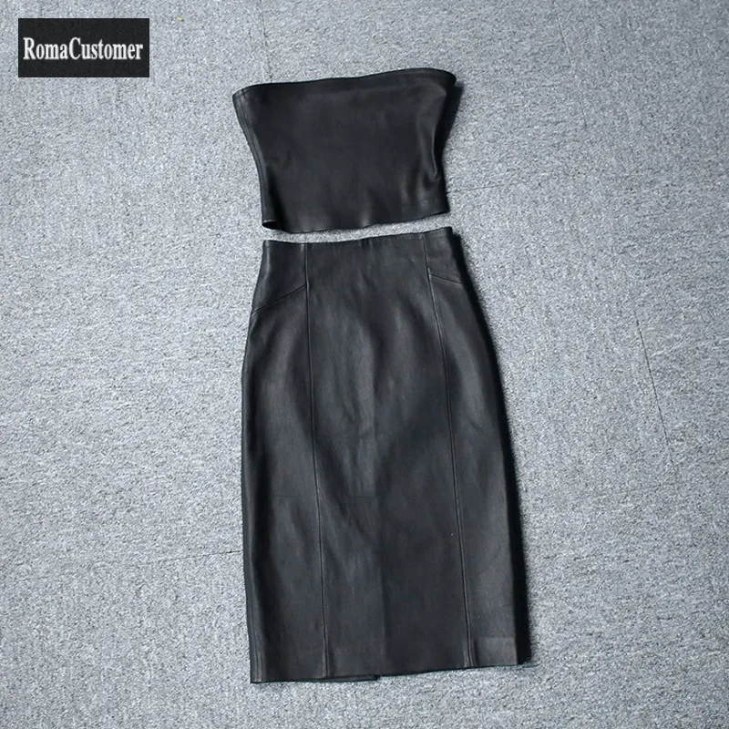 

Summer New Two Piece Set Genuine Leather Elastic Sheepskin Sexy Zippers Slim Skinny Tops Fashion High Waist Skirt Womens Sets