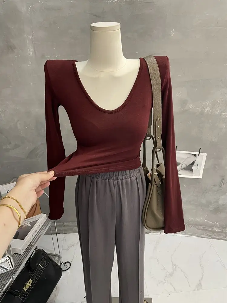 Оптовая продажа футболки с V-образным вырезом для женщин сезон осень-зима