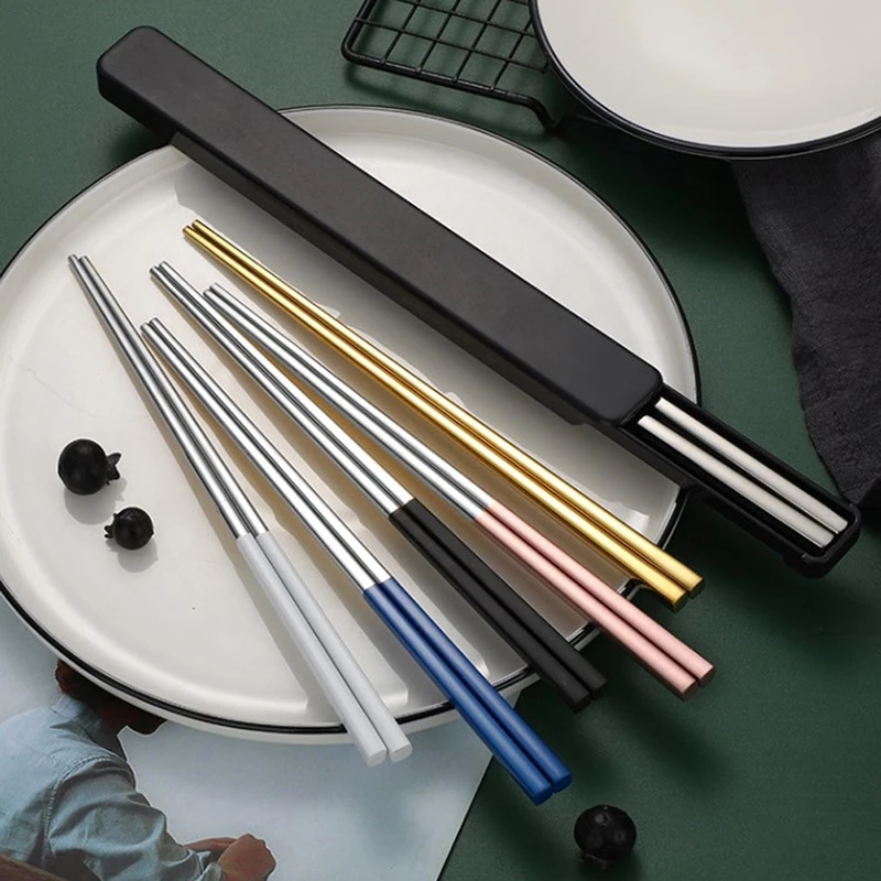 

1 Pair Chopstick Stainless Steel Dinnerware Set Lunch Tableware Travel Portable Chopsticks With Box Holder Kitchen Accessories