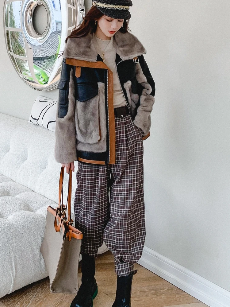 Mink Fur Stitching Fur Coat Women's Short Winter New Whole Mink Fur Motorcycle Wool Overcoat