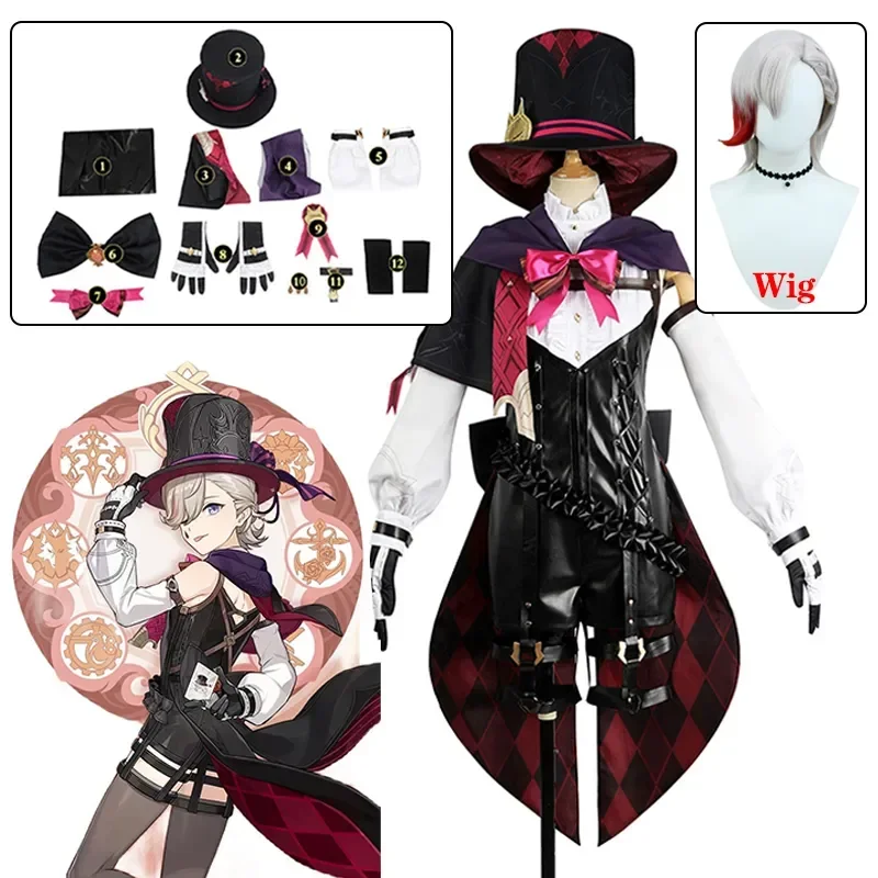

Disfraz de Cosplay de Genshin Impact Lyney, peluca de Вдавленный Lyney, равномерная курелка, sombrero, vestido, falda