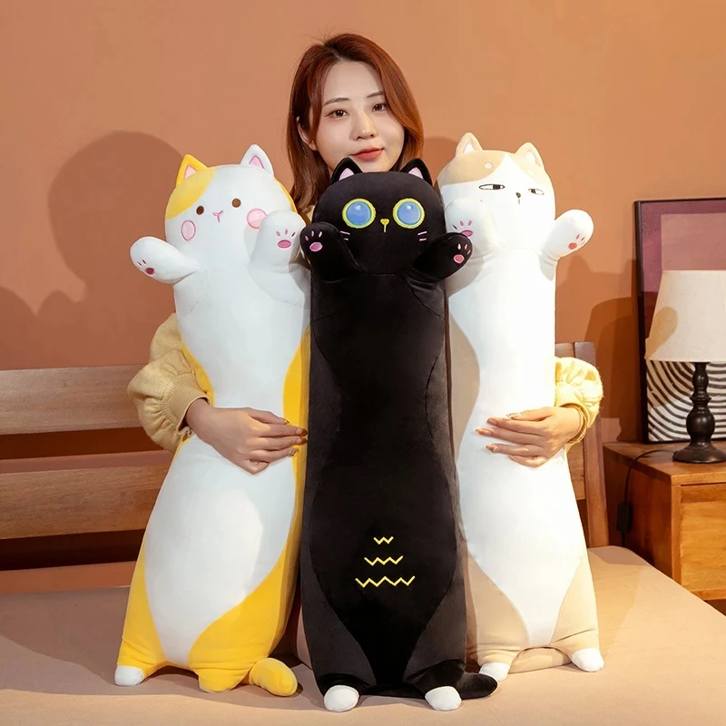 90~130cm Giant Long Cats Plush Toy Cylidrical Animal Bolster Pillow Cat Stuffed Plushie Children Sleeping Friend Gift