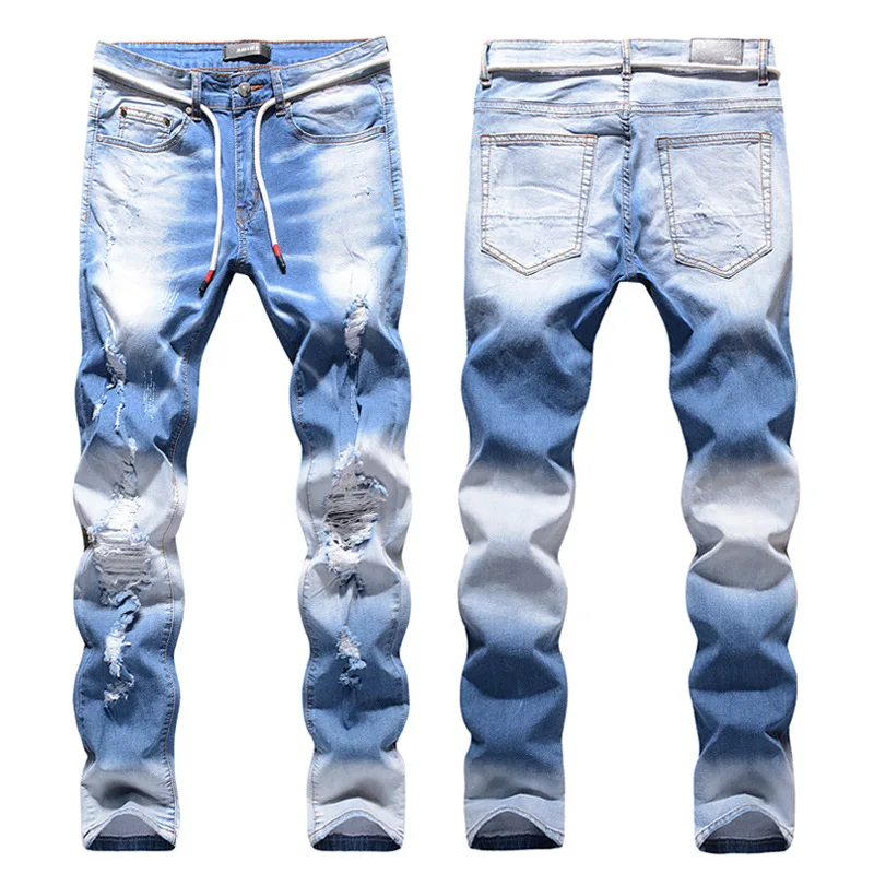 

AM jeans high street tide men spring light blue three-dimensional cat whiskers knee holes high elasticity repair jeans men