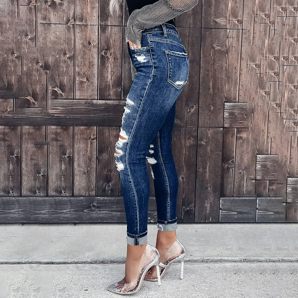 Women's Slim Fit Broken Holes Jeans Skinny Streetwear Vintage High Waist Tight Pencil Pants Ladies Casual Autumn Basic Trousers