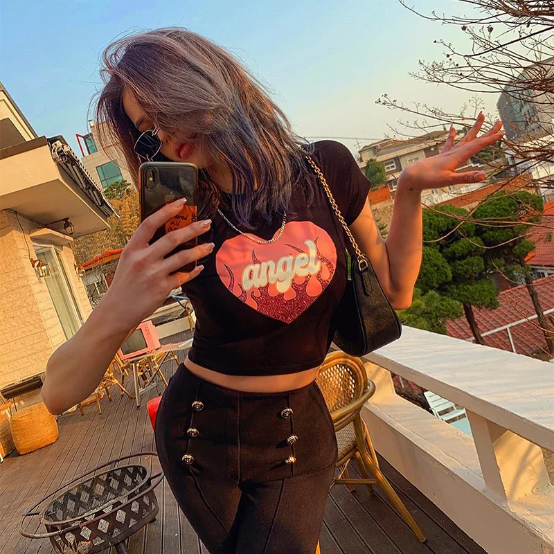 

Summer Vintage Harajuku Love Print Women's Clothing Top T-shirt Y2K Short Navel Sexy Punk clothes Crop top Aesthetics 90S Street
