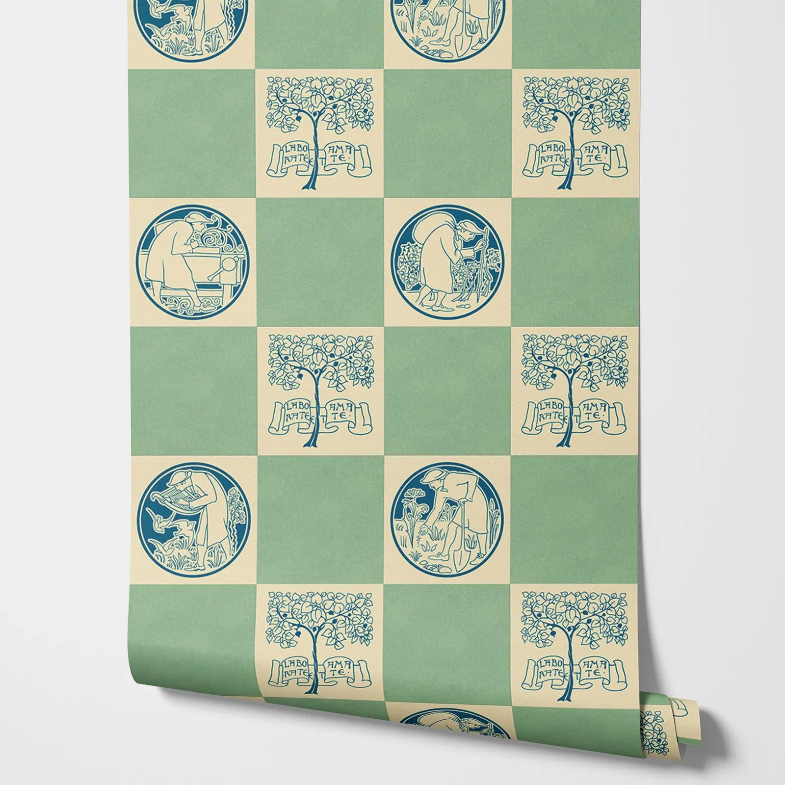 Фото Jadeite Green And Blue Peel and Stick Wallpaper,Green Grid Traditional Non Woven Wallpaper For Wall Art ,Custom Colors and Size №3
