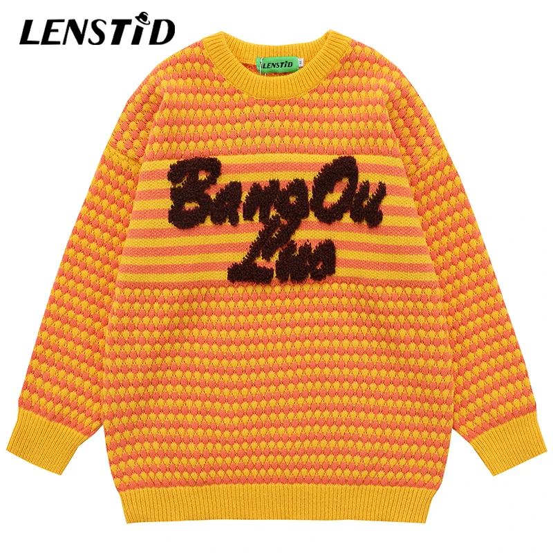 

LENSTID Autumn Men Striped Point Knitted Sweaters Hip Hop Letter Embroidery Jumper Streetwear Harajuku Fashion Casual Pullovers