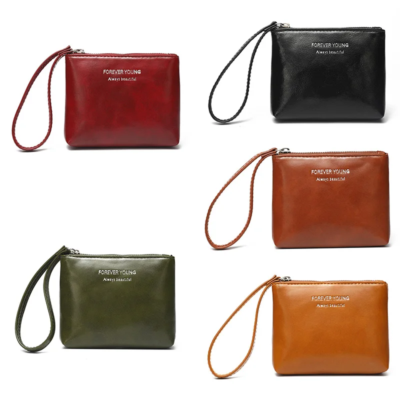 

Simple Oil Wax Skin Pattern Card Bag Coin Wallet Female Portable Stylish Change Purse Earphone Organizer Business Card Holder
