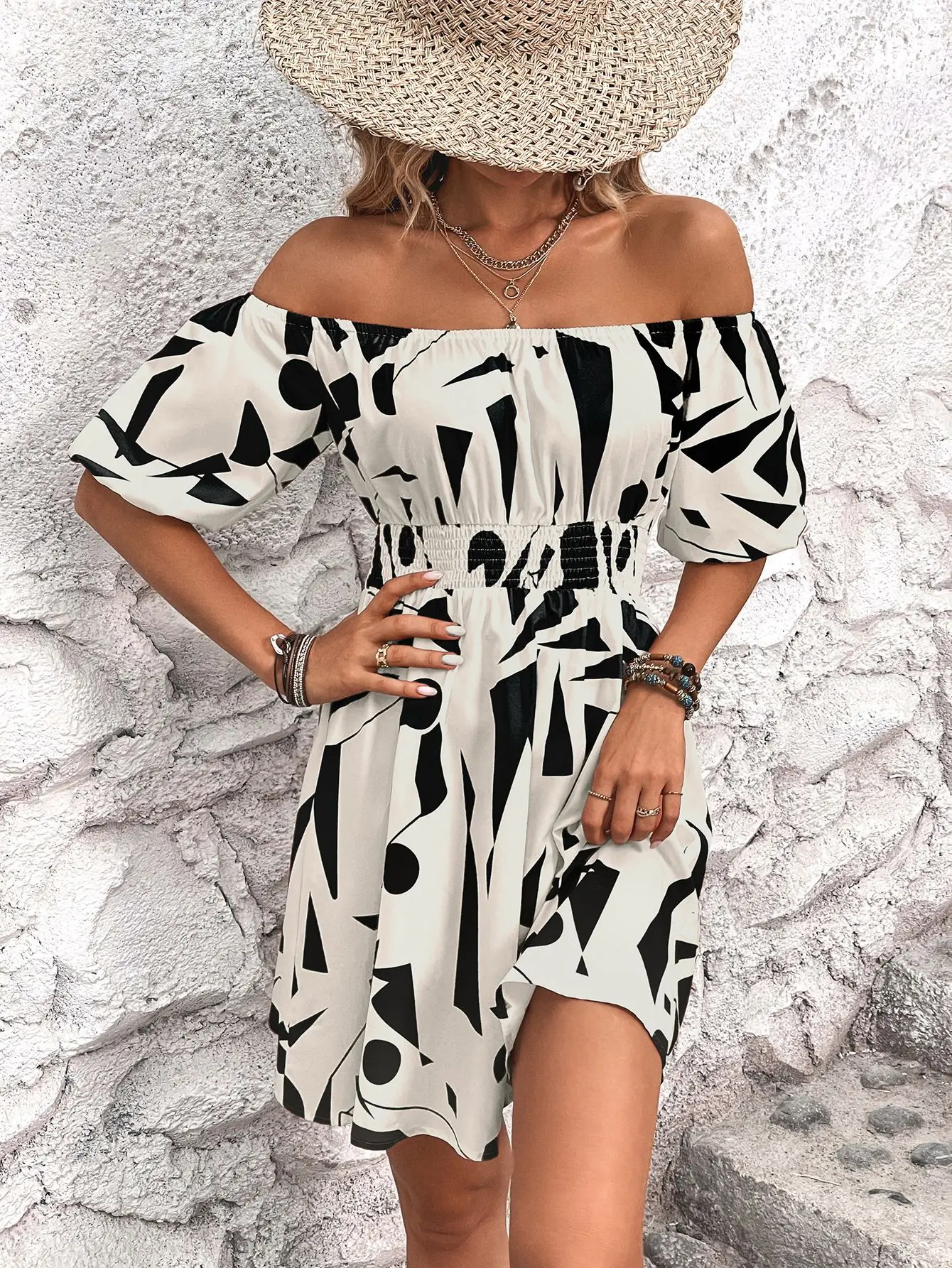 

Dresses For Women 2023 Sexy One Shoulder Print Mini Dress Short Sleeve Elastic Waist White Casual Elegant Party Office Vestidos