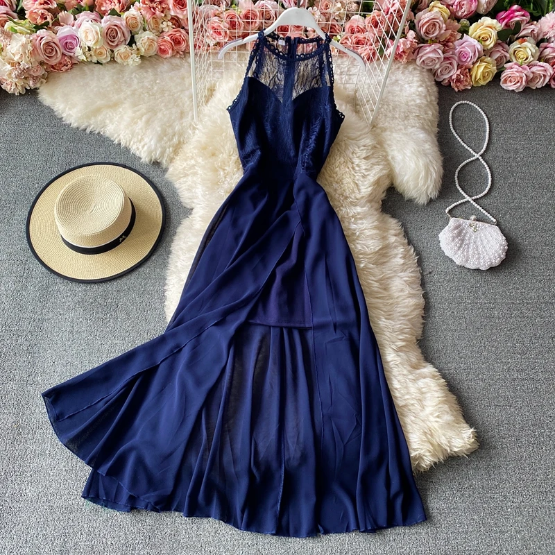 

Sexy Round Neck Hanging Neck Style Off Shoulder Slim Fit Chiffon Stitched Split Dress Fashion Temperament Vest Dress