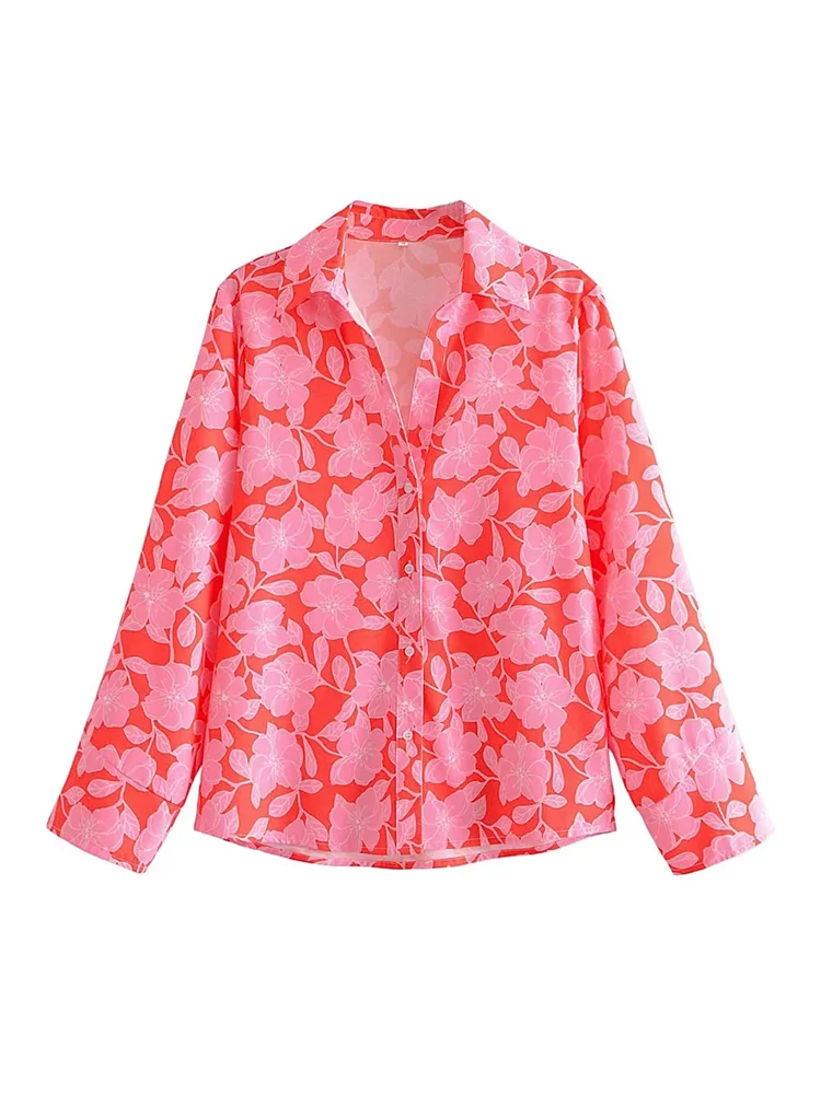 

Fashion Women Red Floral Print Shirt 2022 Summer Long Sleeve Single Breasted Turn-down Collar For Office Lady Blouse Tops