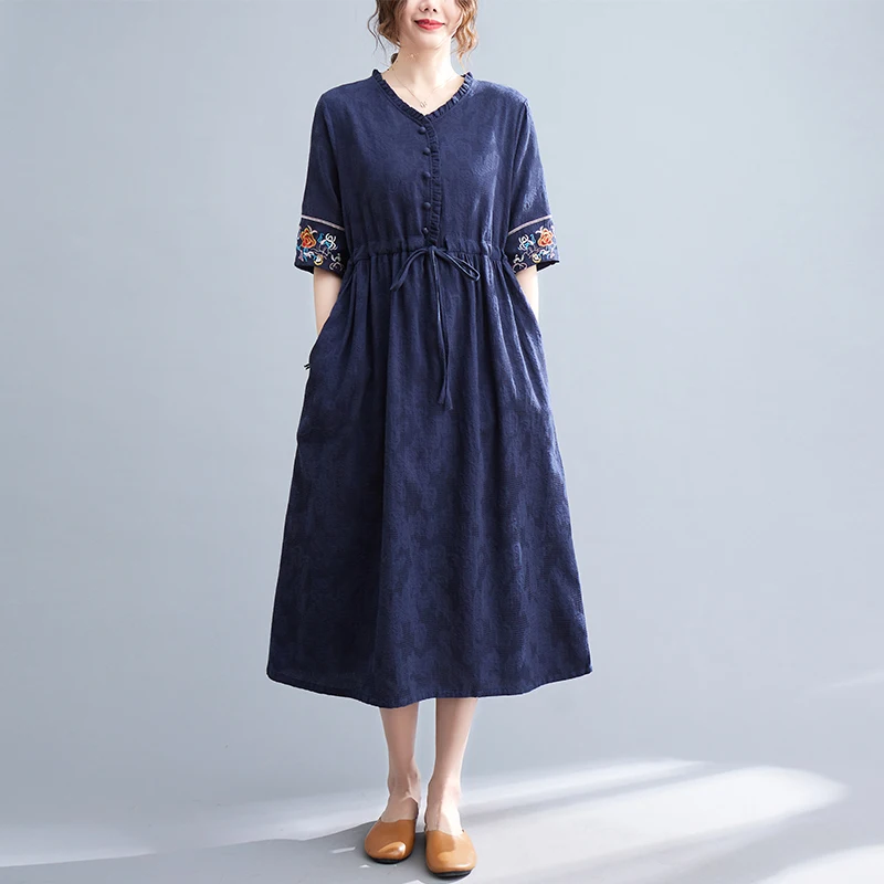 2023 New Embroidery Floral Fashion Women Casual Spring Summer Dress Soft Cozy Cotton Linen Jacquard Office Lady Work Midi Dress