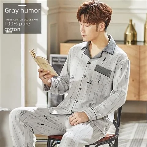 Мужской пижамный комплект из 100% хлопка с длинными рукавами повседневная тонкая