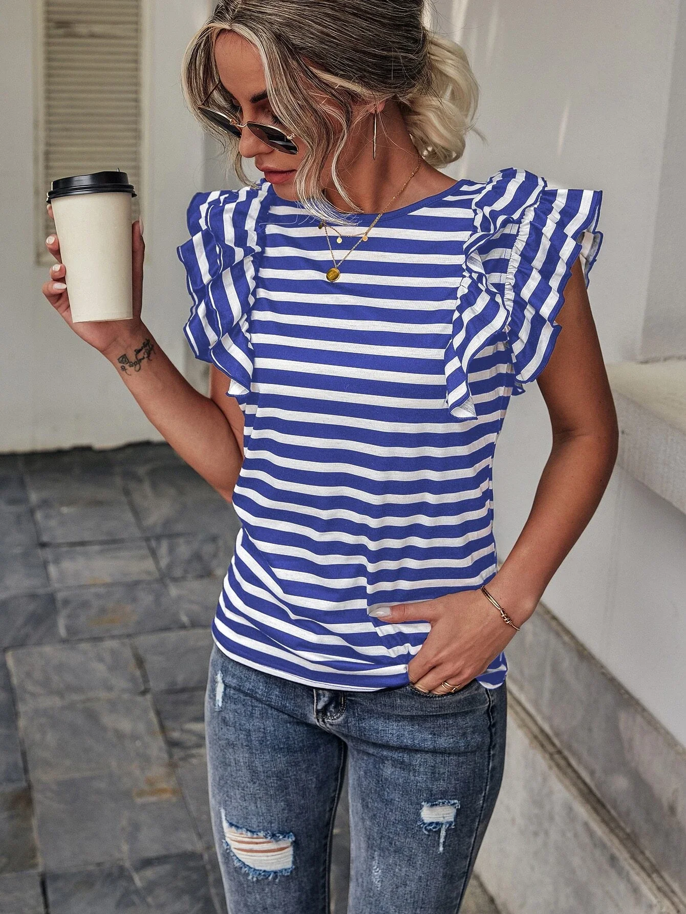 

Striped Butterfly Sleeve Tee