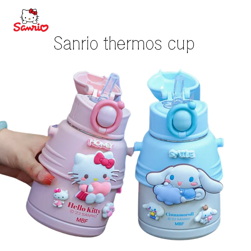 

600 мл студенческий термос Sanrio Hellokitty, милая мультяшная чашка на силиконовом ремешке из нержавеющей стали 316, портативная дорожная соломенная чашка, подарок