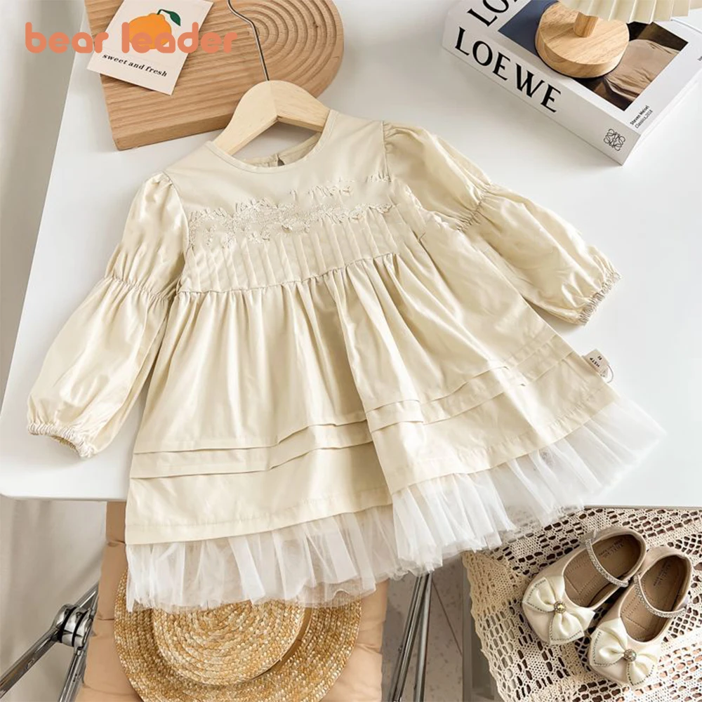 

Bear Leader Girls' Dress 2023 Spring & Autumn Girls' Round Neck Ruffled Mesh Splice Dress Sweet Princess Dress Children's Dress
