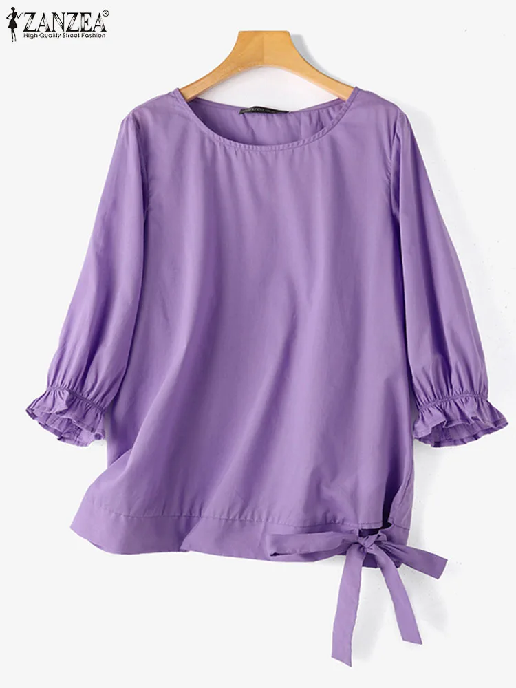 Блузка ZANZEA Женская однотонная с круглым вырезом элегантная рубашка рукавами 3/4