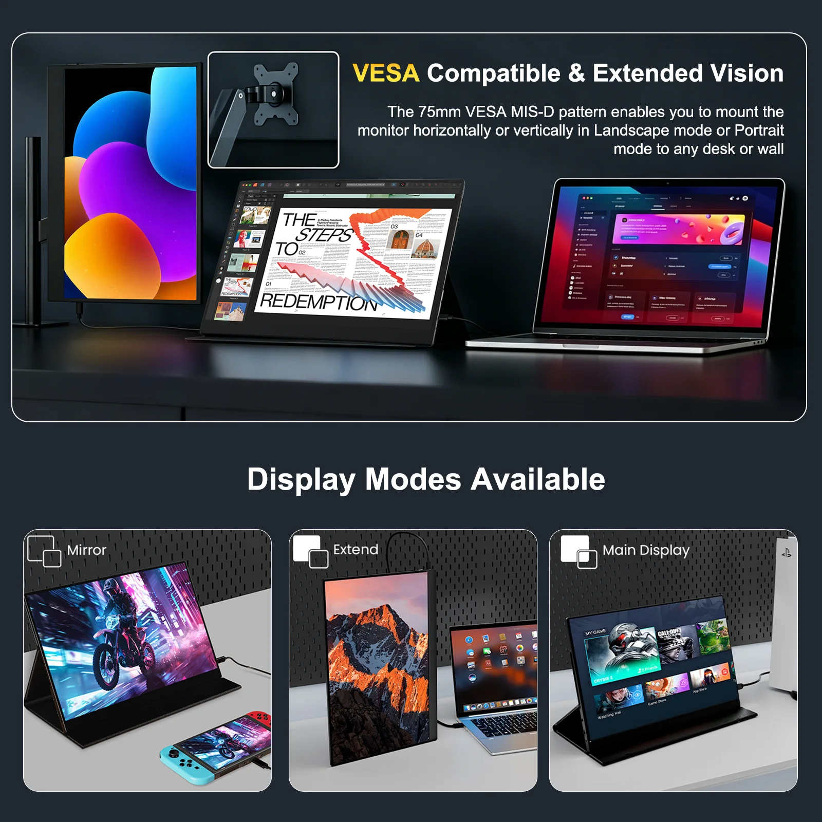 Фото Портативный монитор WonTim 120 Гц 2.5K, 16 дюймов, 100% sRGB, игровой дисплей для ноутбуков с Type-C и Mini HDMI для PS/Steam/Deck/Switch/PC/Mac №5