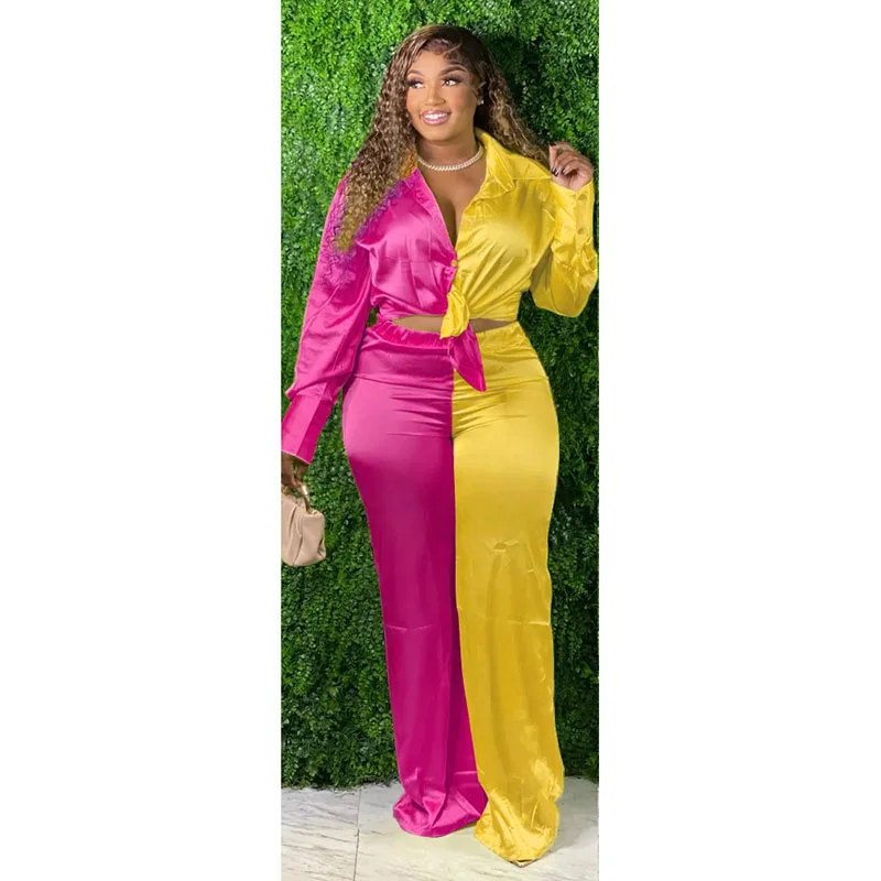

Perl Xl-4xl Patchwork Plus Size Two Piece Women Set Fashion Satin Family Matching Outfit Shirt Top+pants Suit Ladies Clothing