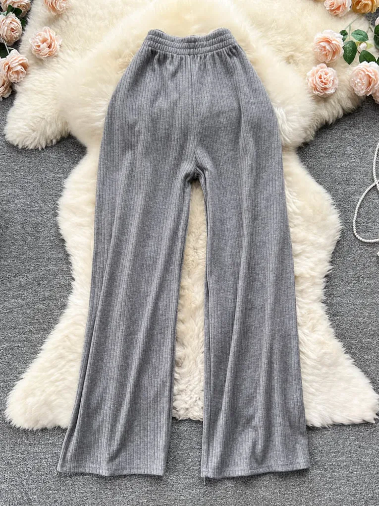 Foamlina Casual Women Long Pants Solid Color Elastic Waist Wide Leg Knitted Full Length Trousers Spring Autumn Female Pants